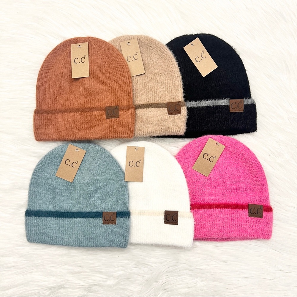 C.C Soft Feather Yarn Stripe Beanies for Adults, Winter Hats, Warm Cozy Beanies